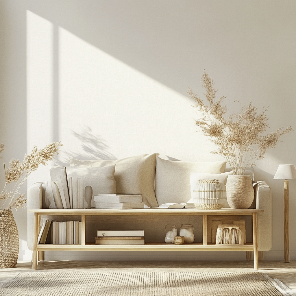 Cozy living room with stylish wooden sofa table.