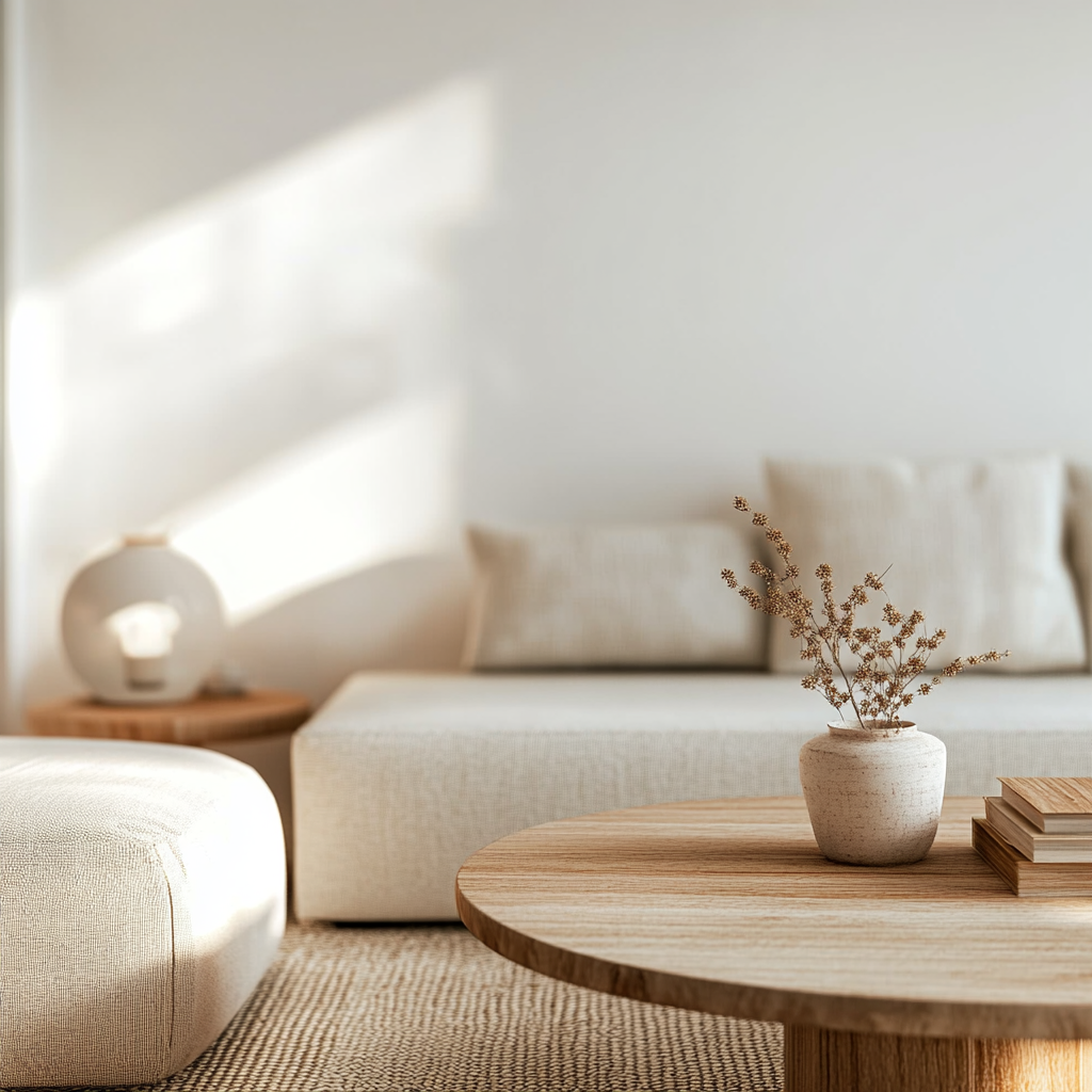 Cozy living room with warm-lit white wall.