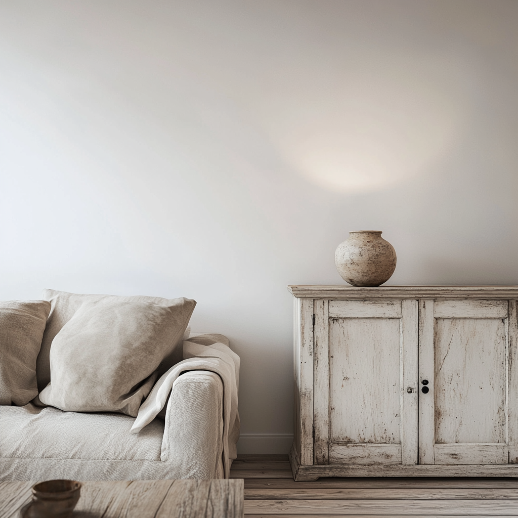 Cozy living room with white wall and vintage cupboard.