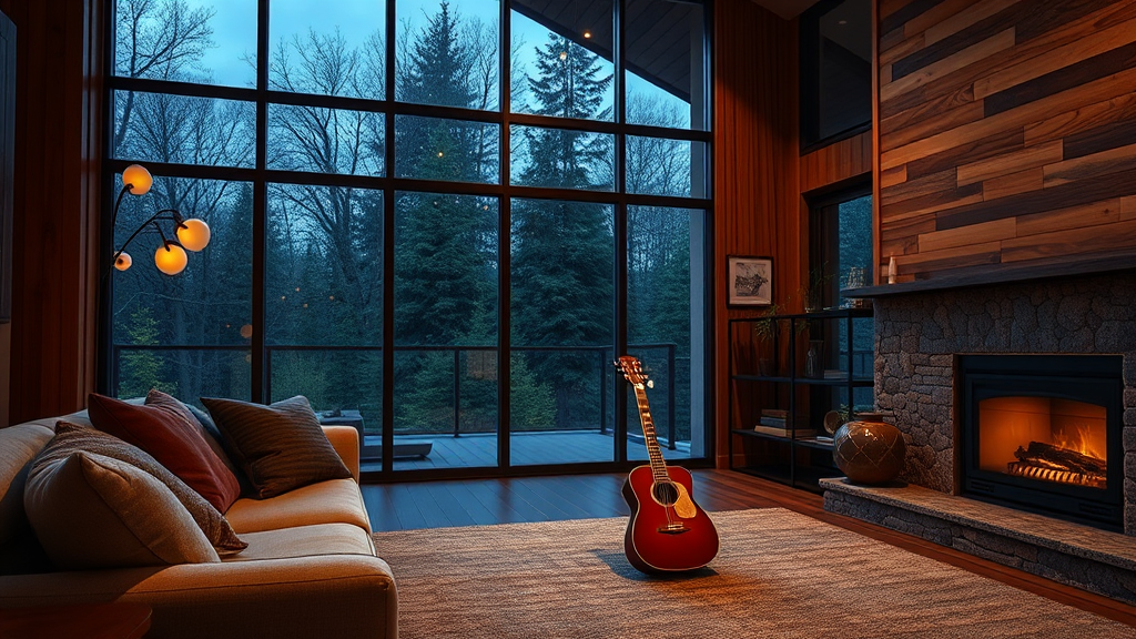 Cozy living room with windows, sofa, fireplace, guitar.