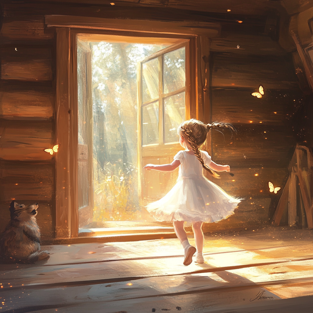 Cozy log home, little girl with butterfly braids