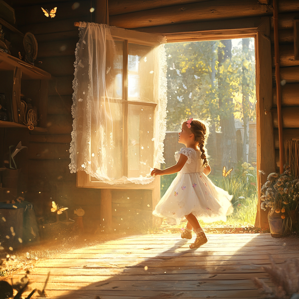 Cozy log home with little girl in butterfly braids, sunshine, and smiles. 