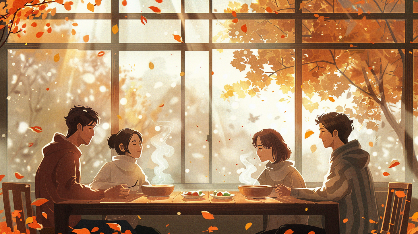 Cozy meal with friends in autumn setting.