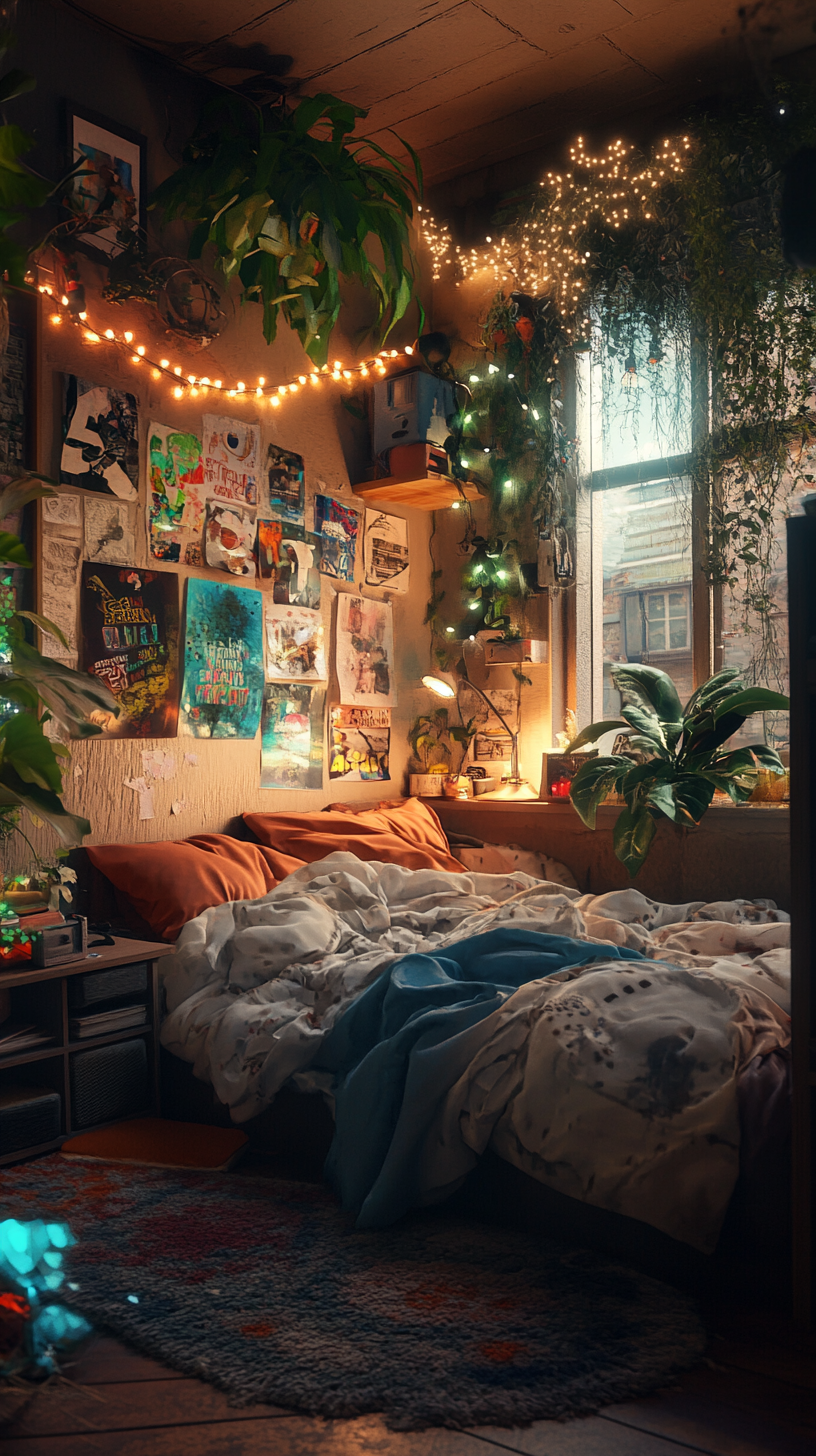 Cozy messy teenage bedroom with posters and plants.