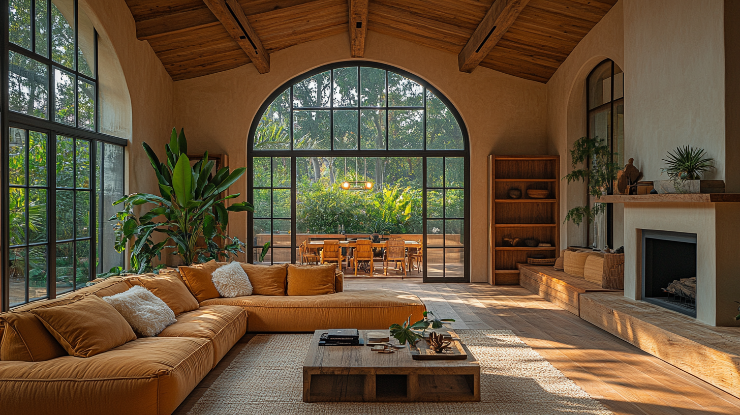 Cozy mid-century living room with rustic decor and fireplace.