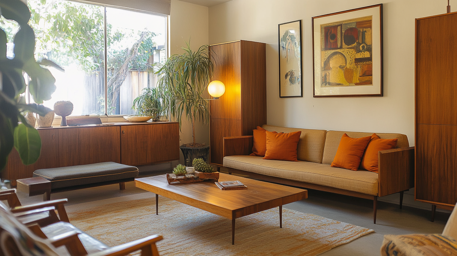 Cozy mid-century modern living room with wood furniture.