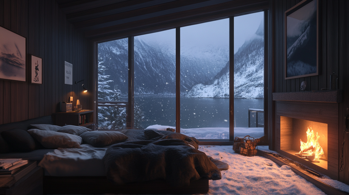 Cozy modern bedroom, messy bed, fireplace, snowy fjord view.