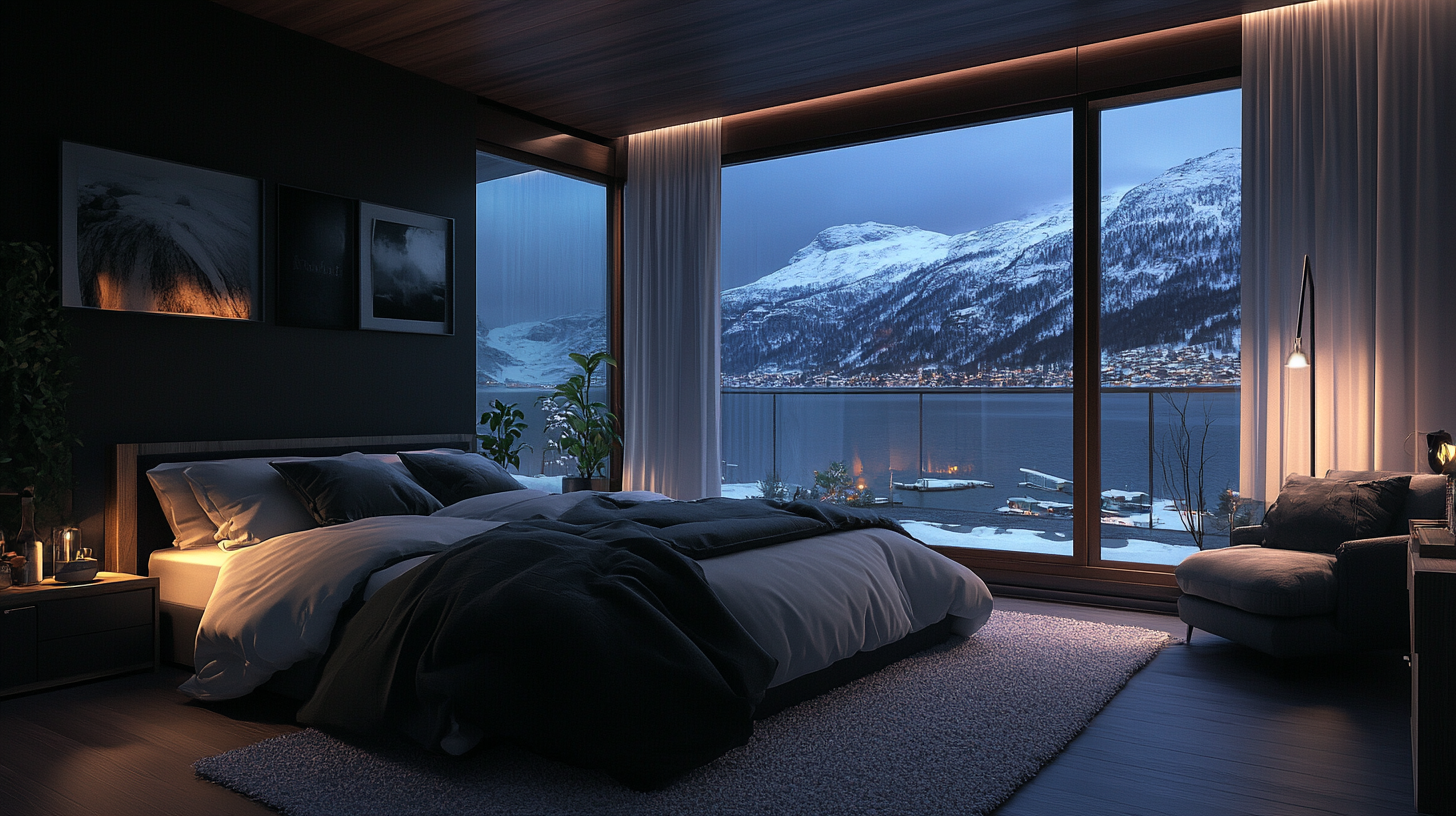 Cozy modern bedroom with gloomy evening lighting, snowy fjord.