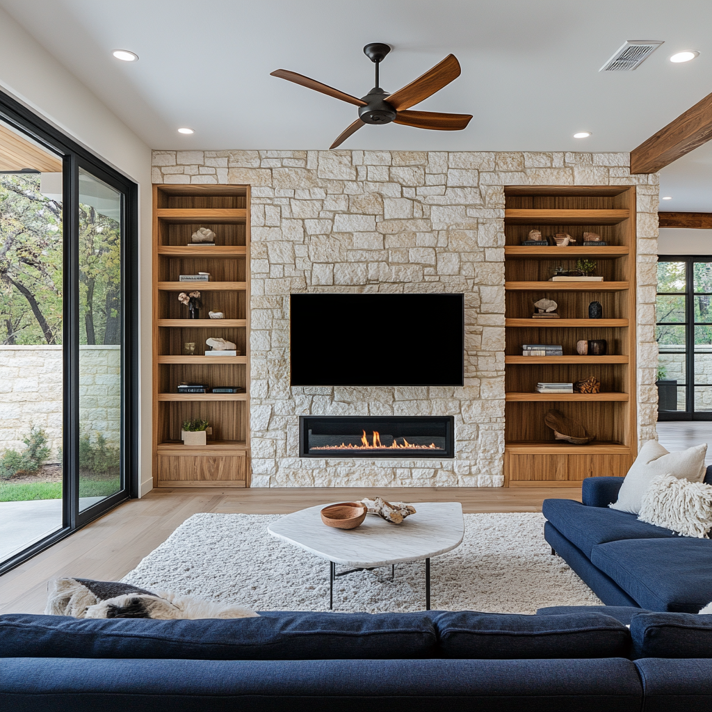 Cozy modern living room with stone fireplace and TV