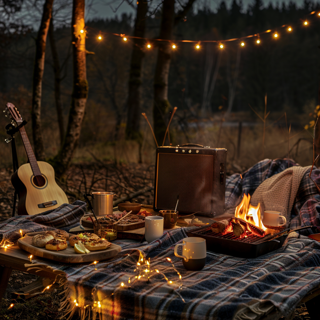 Cozy outdoor dinner with friends by bonfire