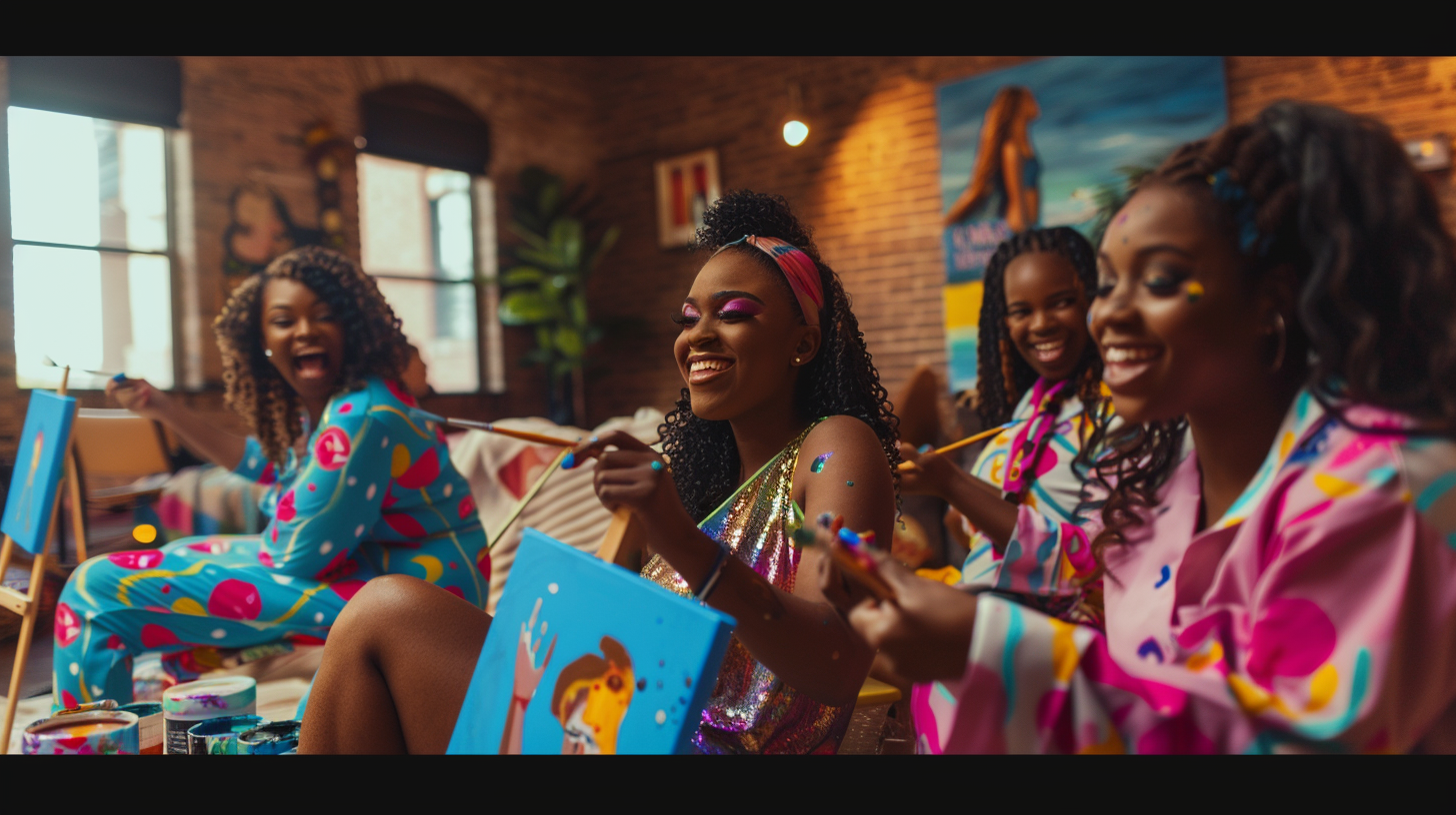 Cozy pajama party of black women painting together.