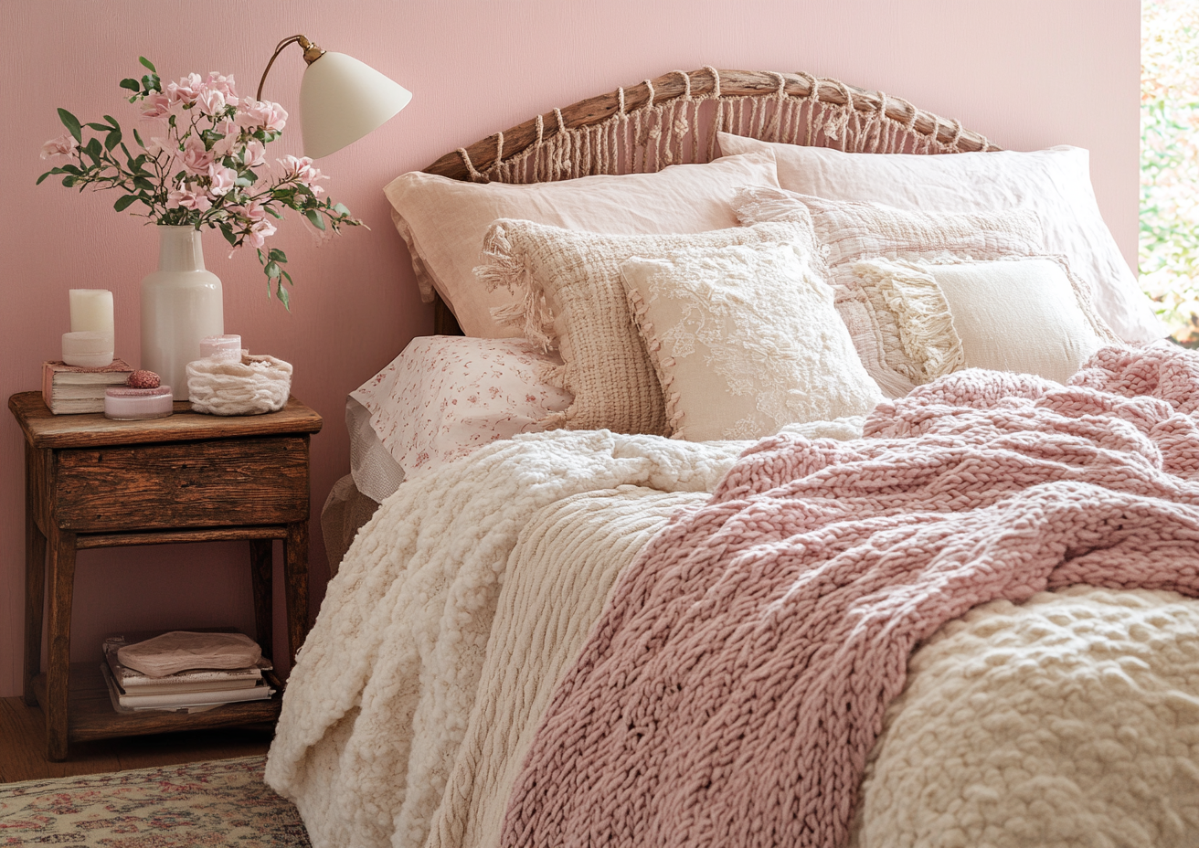 Cozy pink boho bedroom with vintage decor.