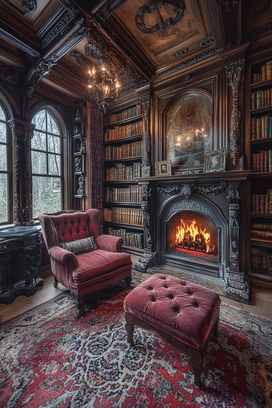 Cozy reading nook with old books near fireplace.