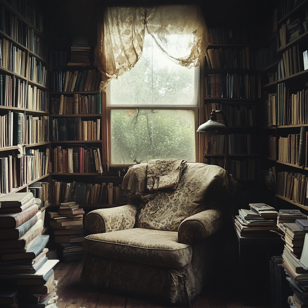 Cozy reading nook with vintage bookshelves and armchair.