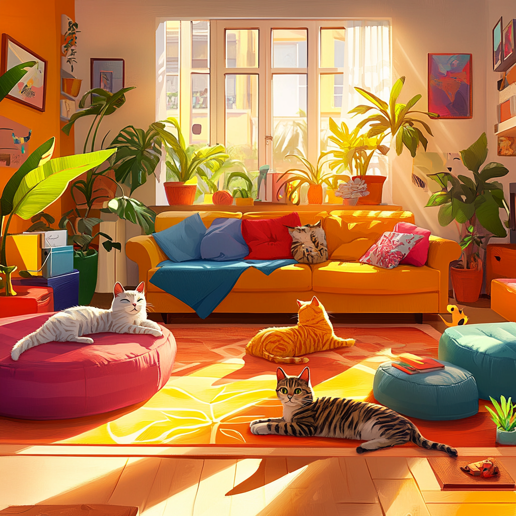 Cozy room with colorful furniture, cats basking in sun.