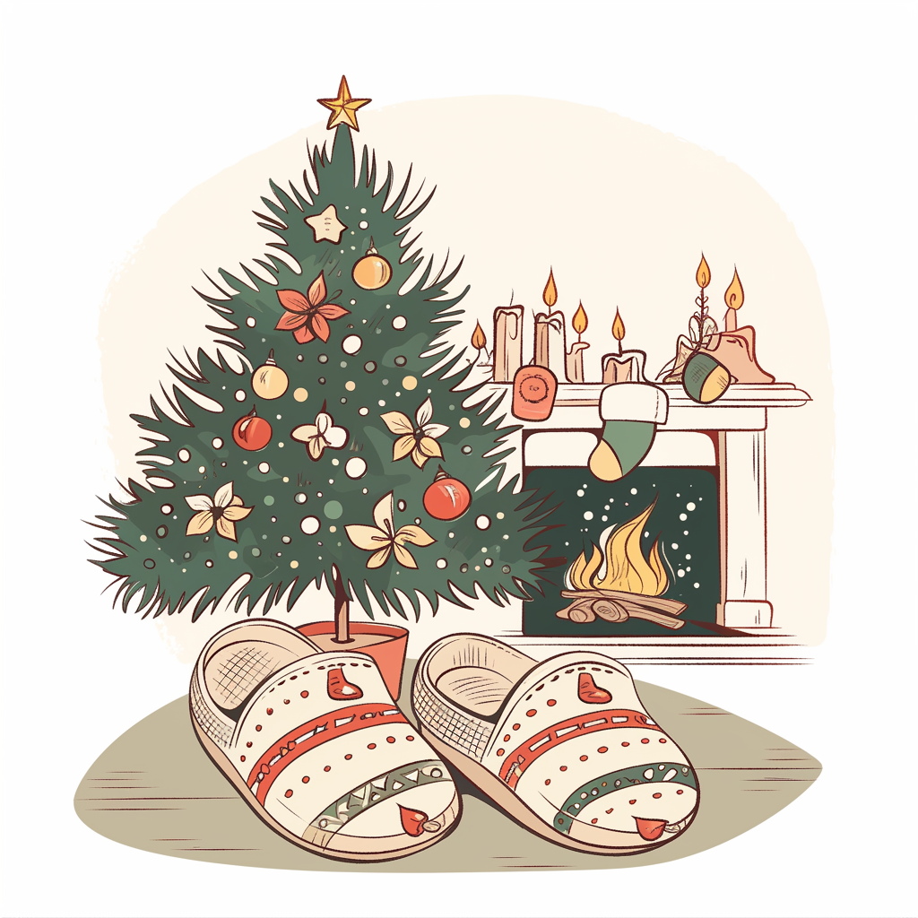 Cozy slippers by Christmas tree, with simple coloring