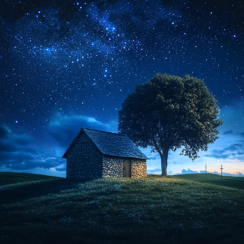 Cozy stone house under starry night sky by tree.