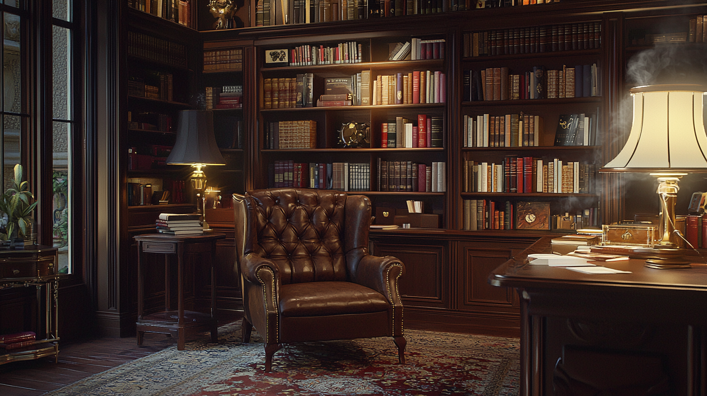 Cozy study room with vintage furniture and warm lighting.