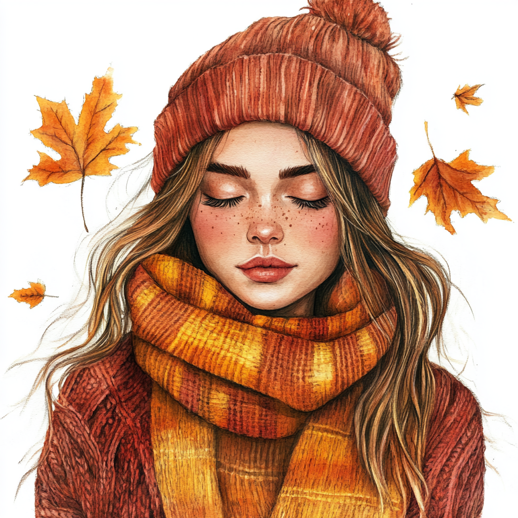 Cozy sweater girl with fall colors illustration clipart.