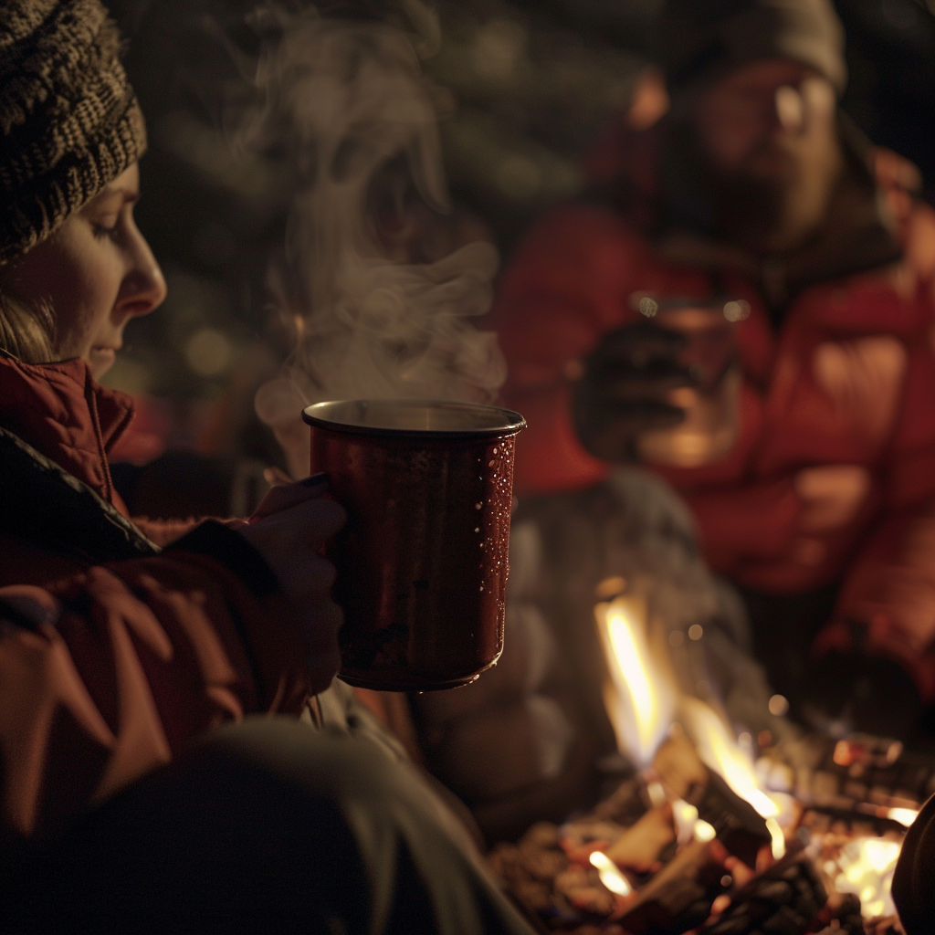 Cozy team by campfire with drinks and snacks