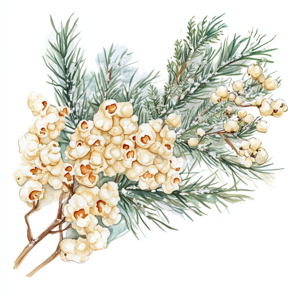 Cozy watercolour illustration of popcorn garland and tree branch.