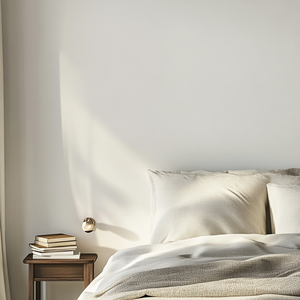 Cozy white bedroom with blurred nightstand and books.