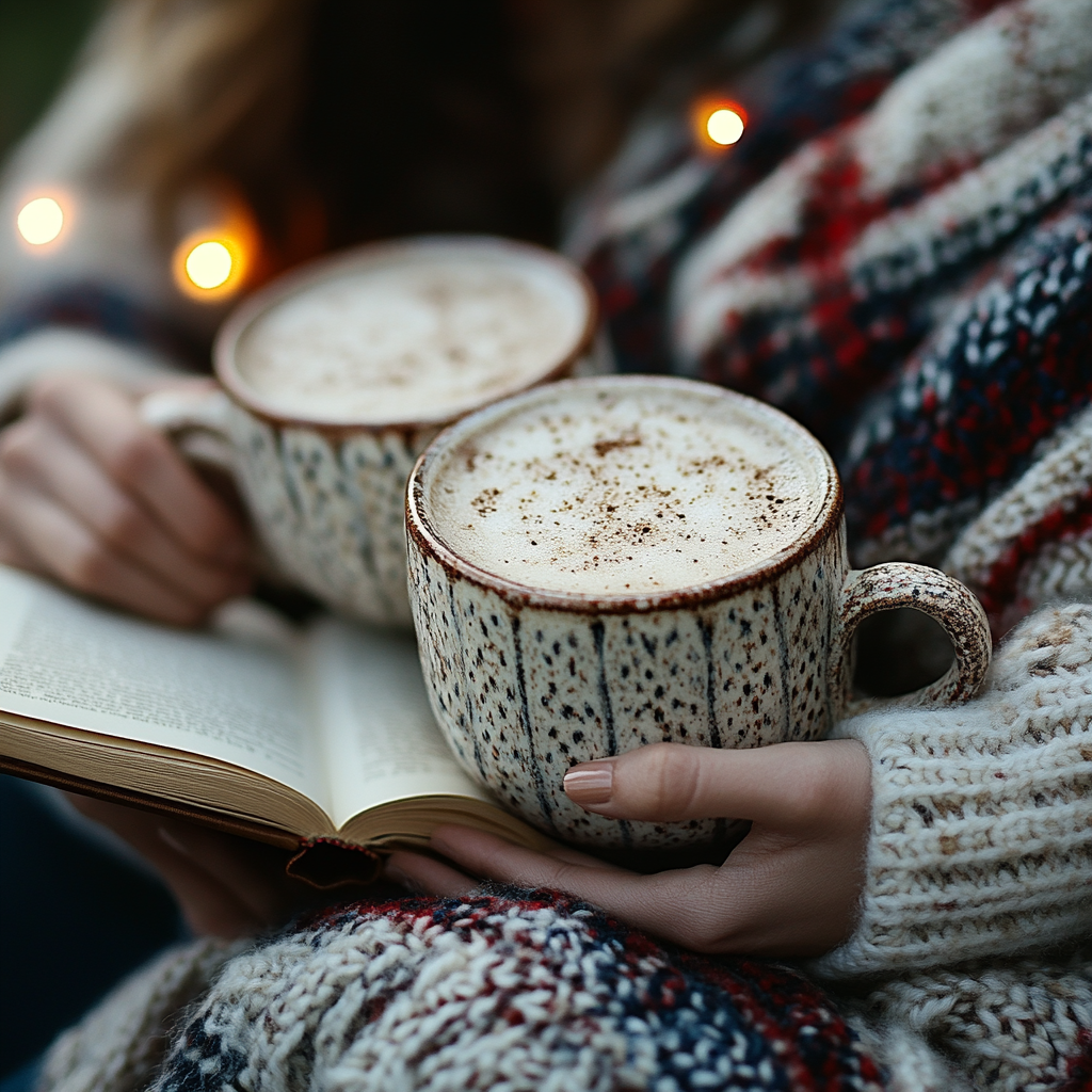 Cozy winter scene with couple holding warm mug