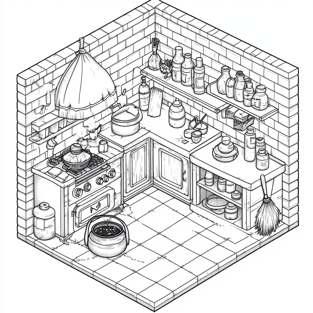 Cozy witchy kitchen in isometric view with cauldron.