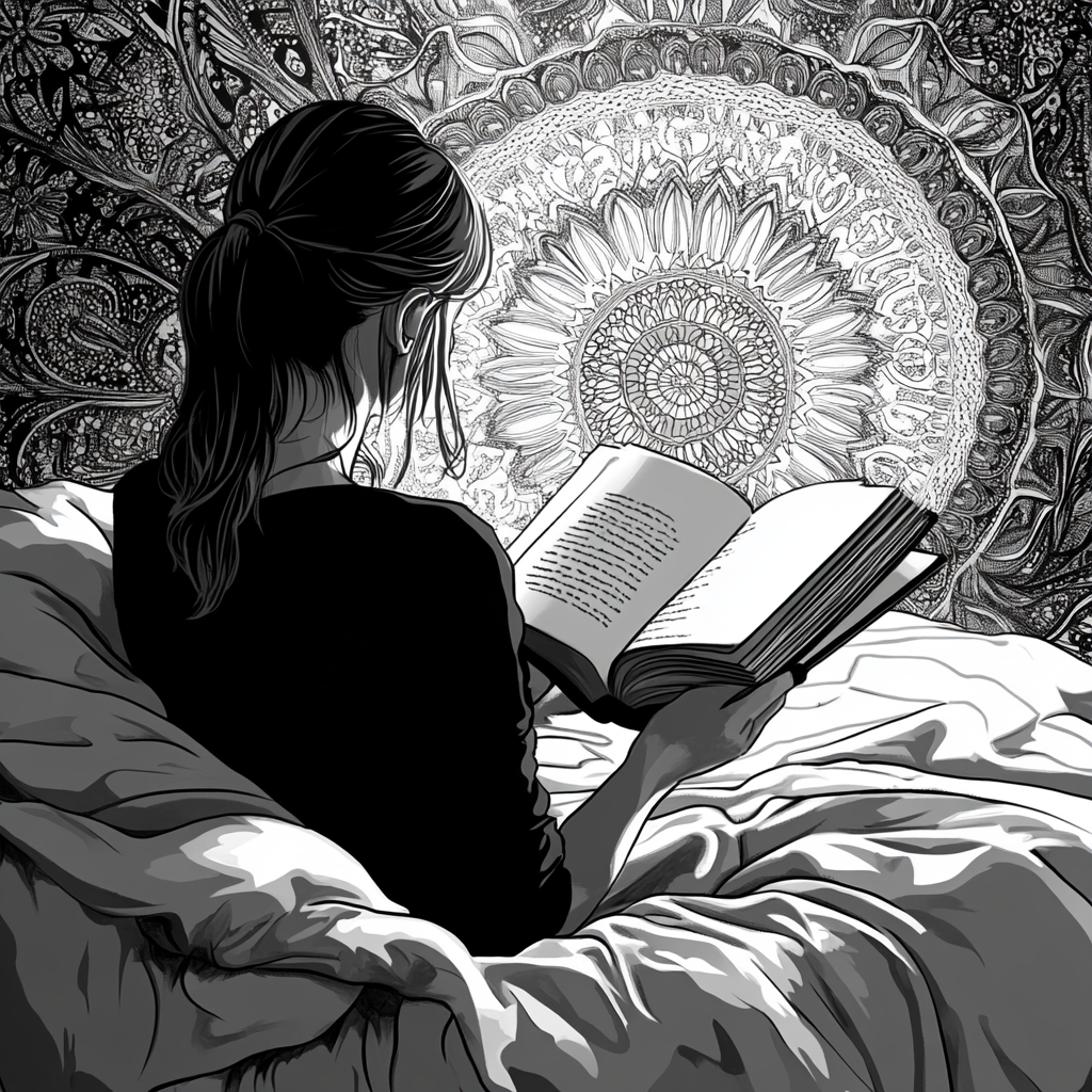 Cozy woman reading book in bed with mandalas