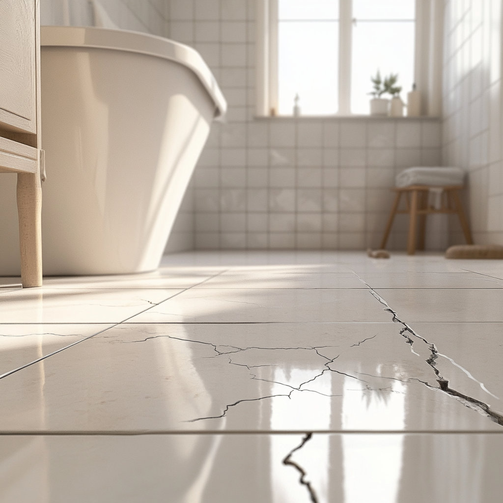 Crack in tile of clean Airbnb bathroom for documenting.