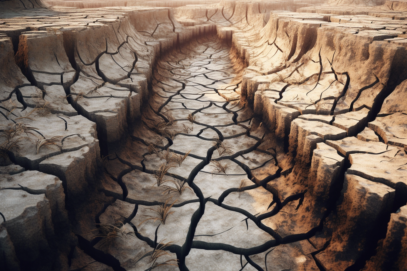 Cracked earth in dried-up riverbed, parched ground patterns.