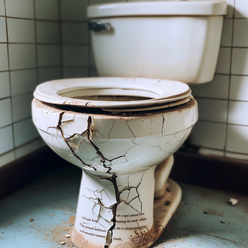 Cracked toilet in clean modern bathroom with visible damage.