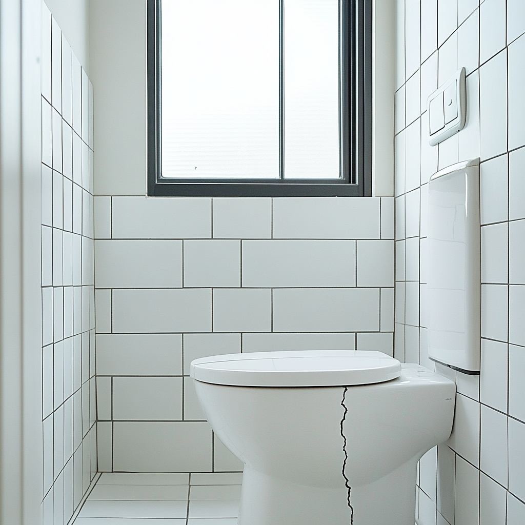 Cracked toilet tank in a simple white bathroom.