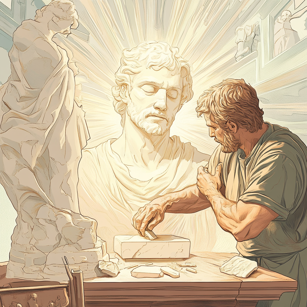 Craftsman Chiseling Statue Illustration Drawing Stoicism Labor 