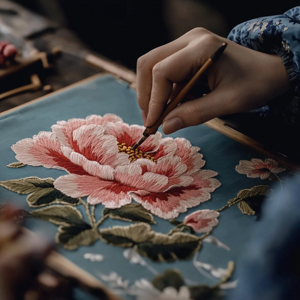 Craftsman embroiders peony; camera captures delicate Chinese style