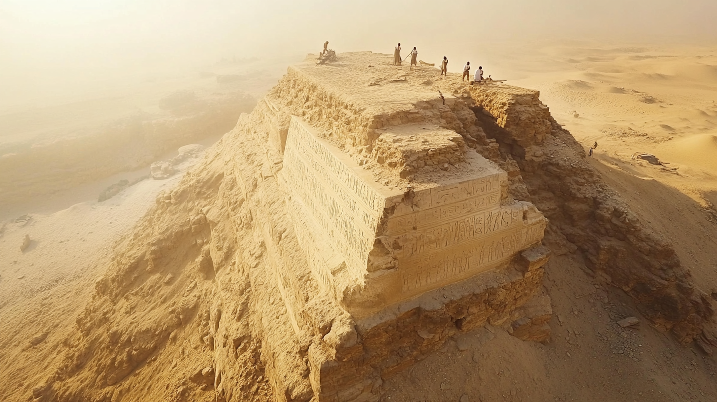 Craftsmen carving hieroglyphs on majestic Great Pyramid.