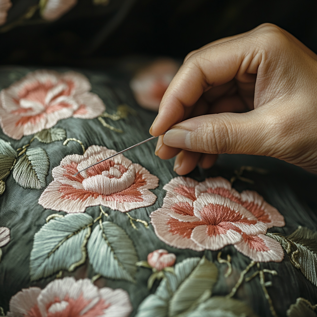 Craftswoman embroidering peony patterns, showcasing Chinese tradition