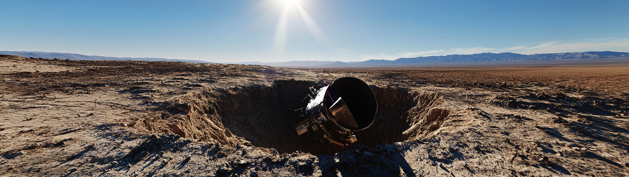 Crashed satellite in deep desert hole, charred with metal.