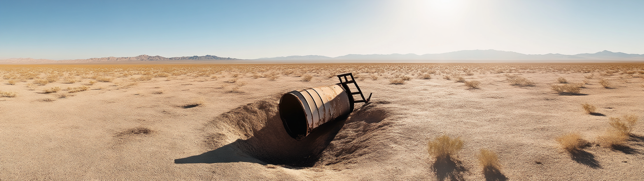 Crashed satellite in desert hole, sunny with mountains.