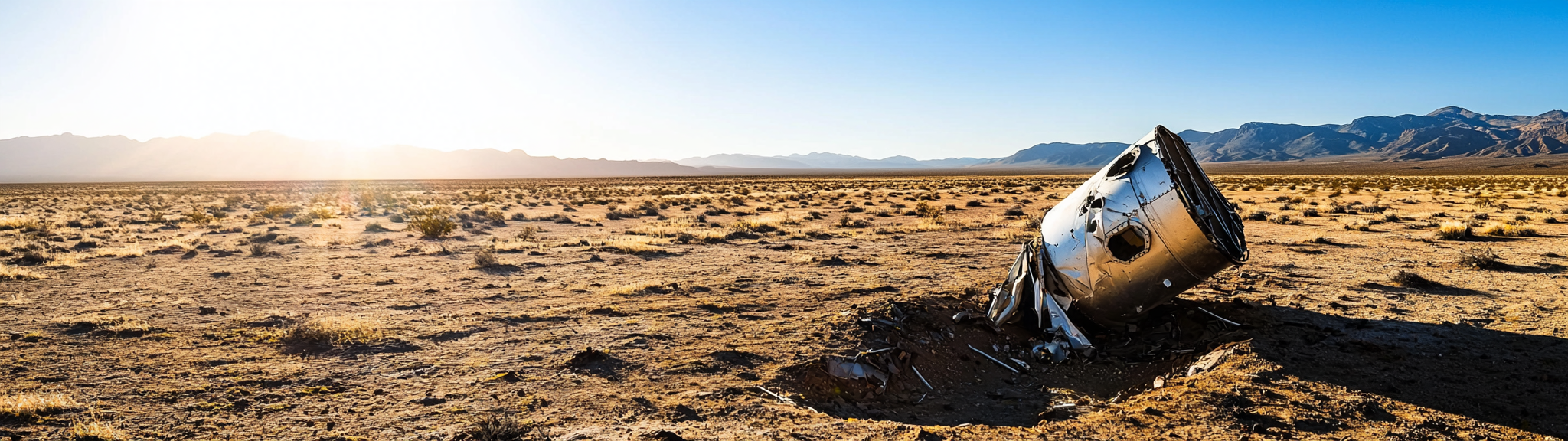 Crashed satellite in hole depression with clear sky.