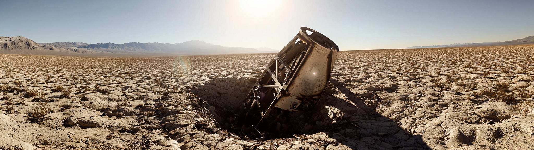 Crashed satellite in hole with charred metal, mountains. Lens flare.