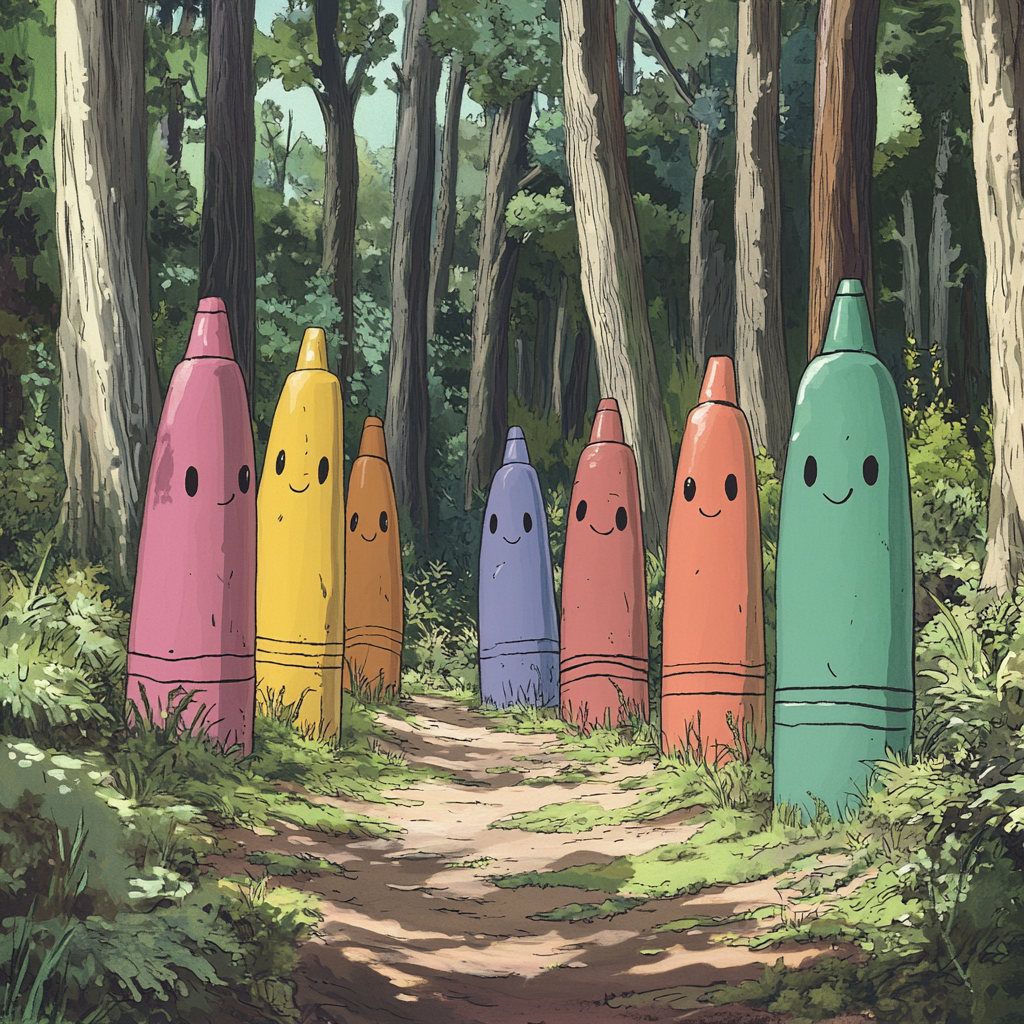 Crayon characters with cute faces walking in forest.