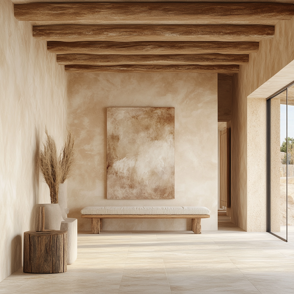 Cream resin walls, wooden beams, modern bench, abstract painting.