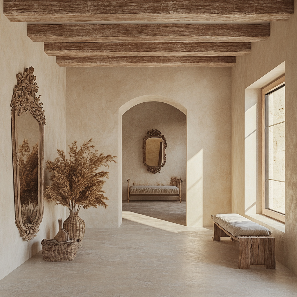 Cream resin walls and floor with bleached wooden beams.