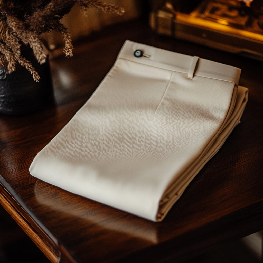 Cream trousers folded on polished wood, soft lit shot.