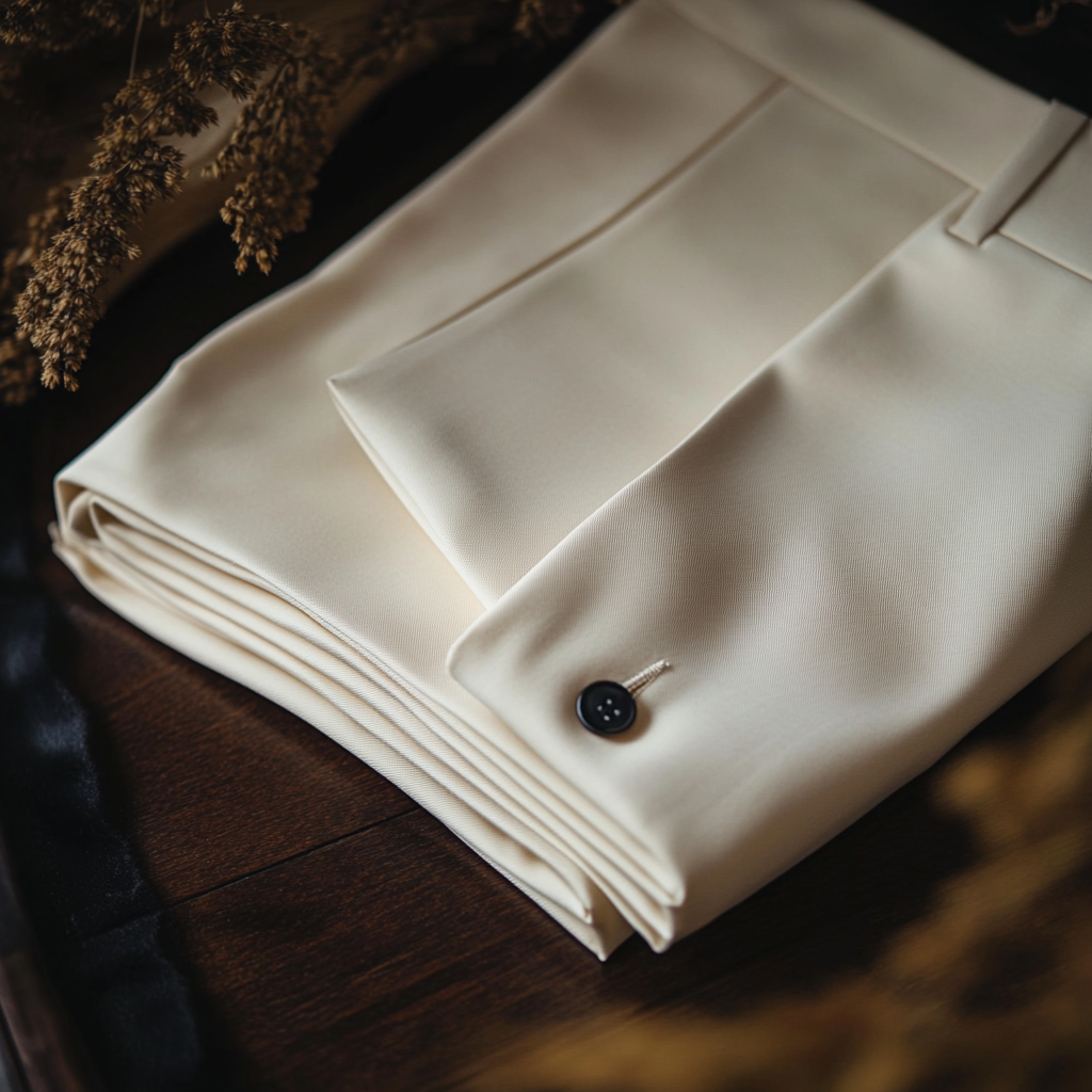 Cream trousers neatly folded on dark wooden surface.