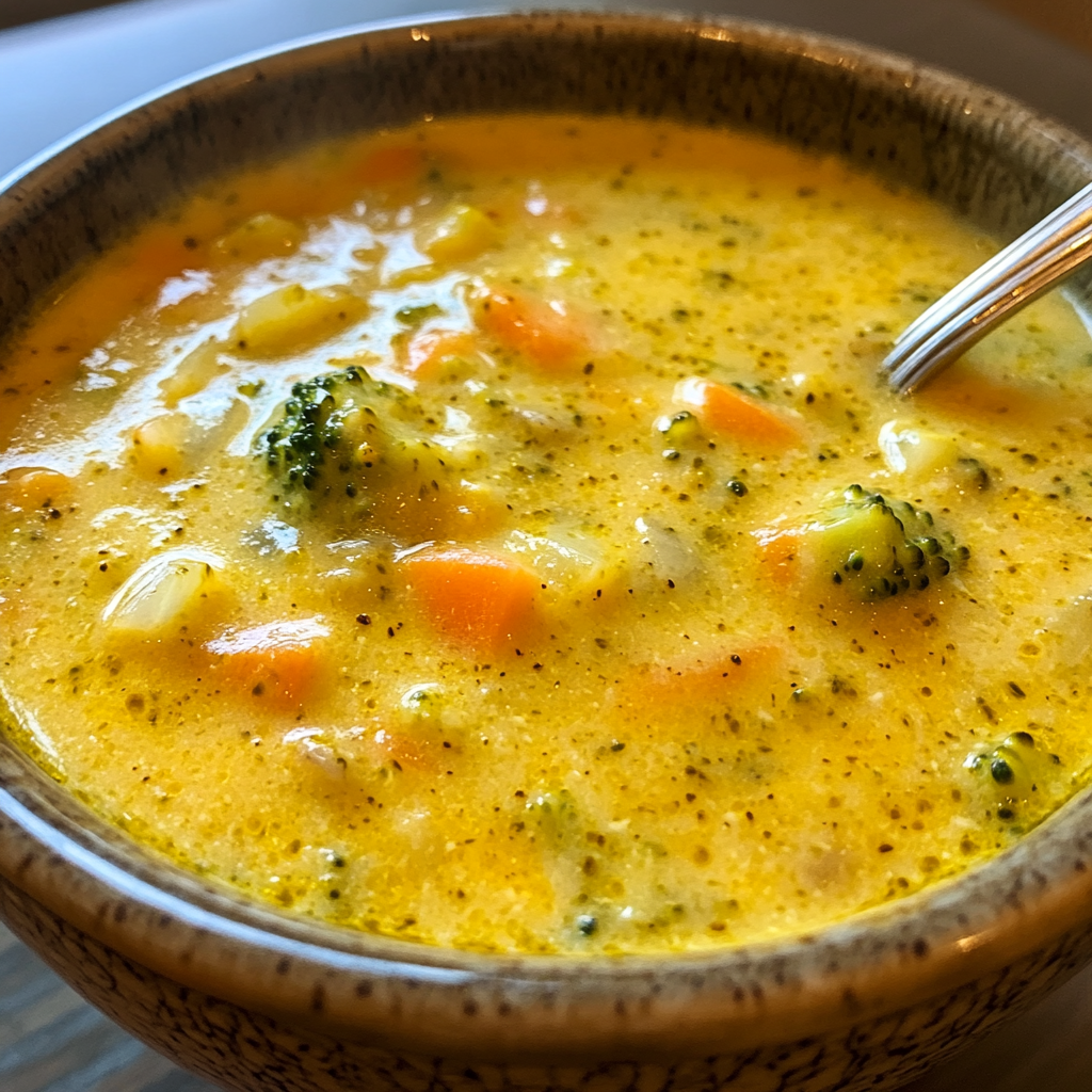 Creamy broccoli cheddar soup in cozy close-up bowl