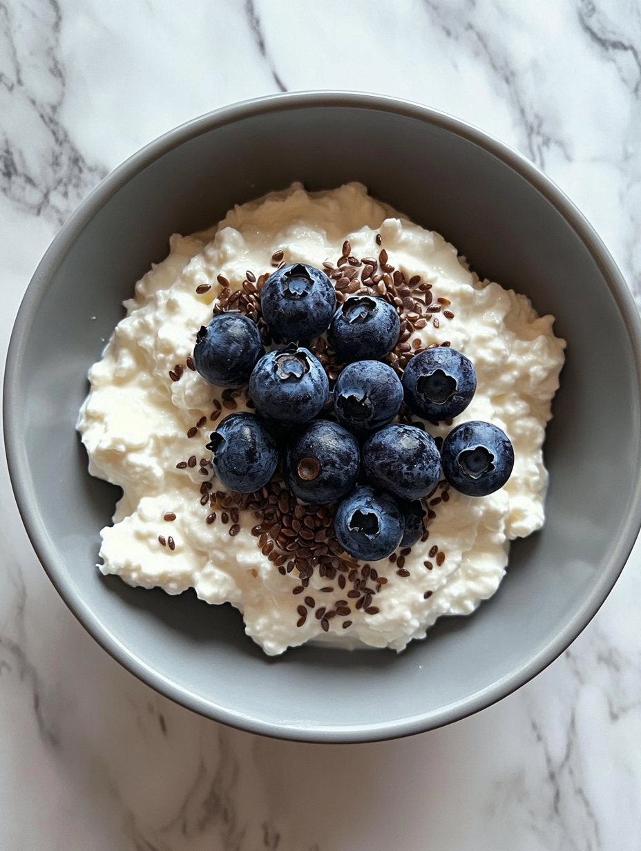 Creamy cottage cheese with blueberries on marble table.