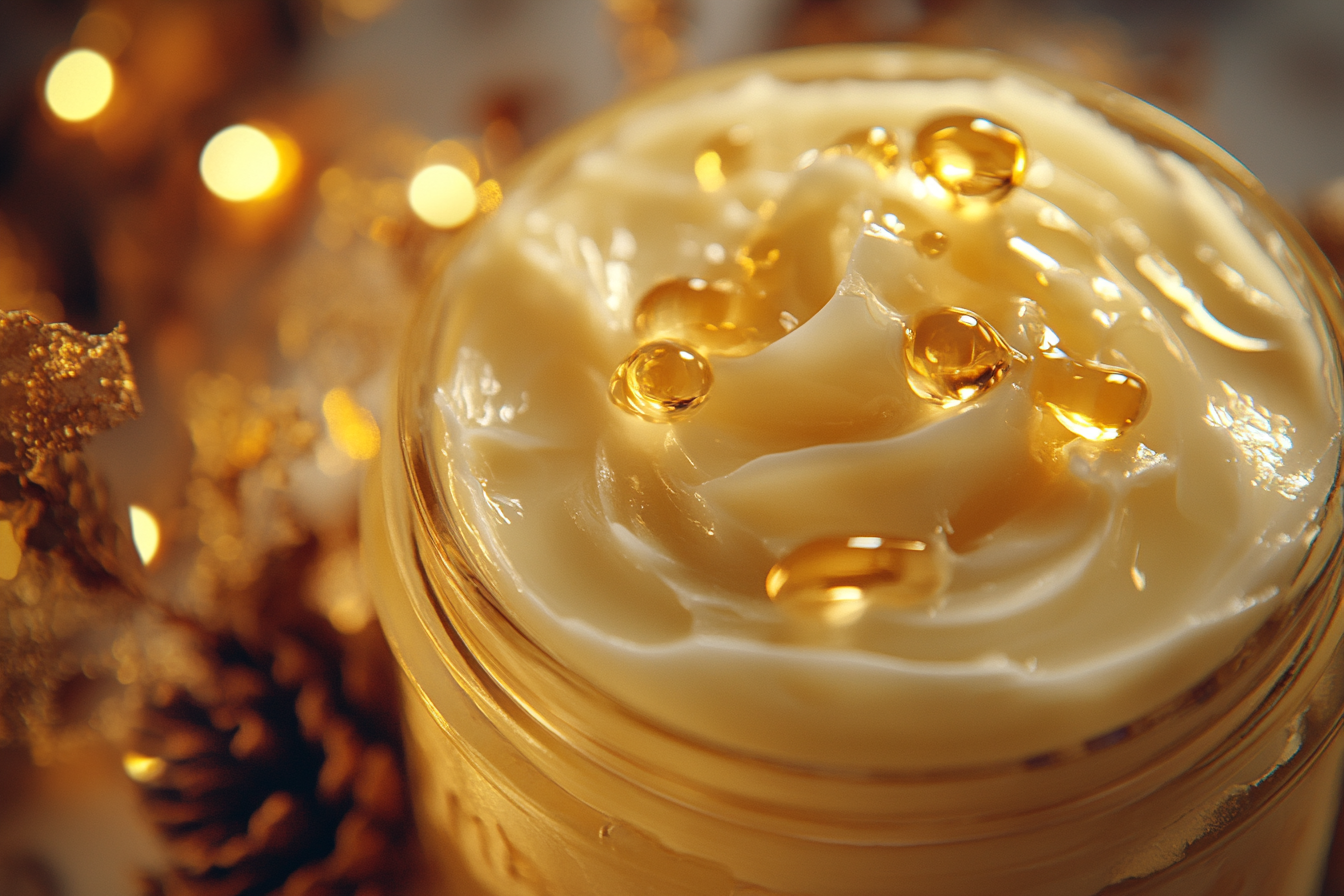 Creamy jar with golden oil, surrounded by nature