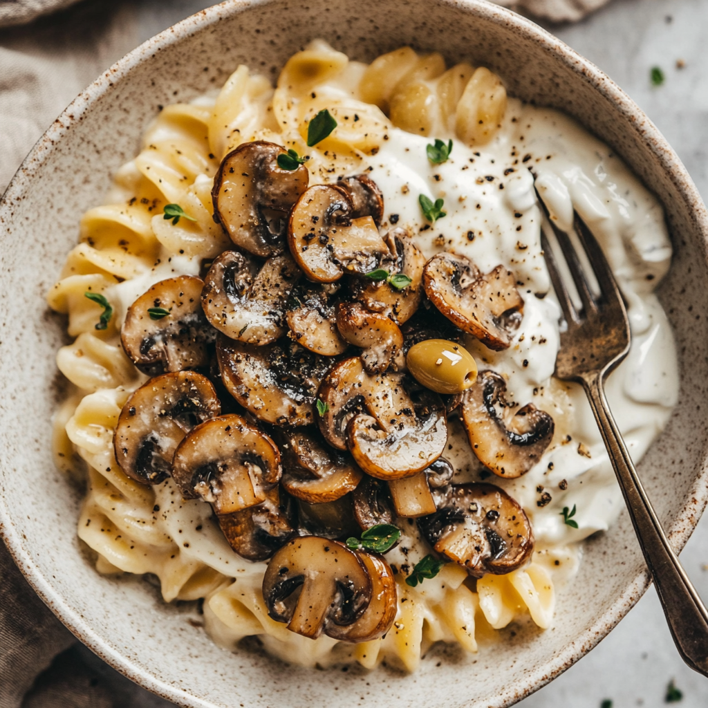 Creamy mushroom pasta with yogurt sauce, sautéed mushrooms, black pepper.